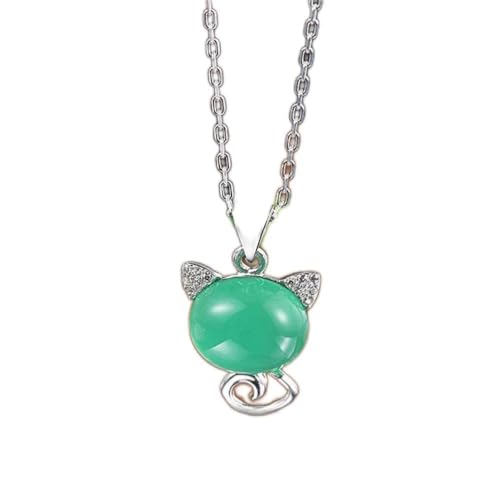 Collier en Argent S925 et Pendentif Chat en Jade Blanc pour Femme