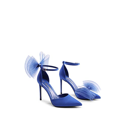 Dream Pairs Women's Sdpu2322W High Heels Strappy Closed Toe Stiletto Pointed Toe Mesh Bows Ankle Strap D'orsay Sexy Dress Wedding Party Pumps Shoes, Size 8.5, Blue #TOP1