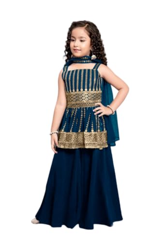 Image of Girl'sCrepe Casual Embroidered Kurta & Sharara Set With Dupatta For Kids