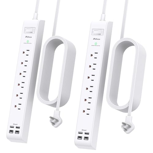 2 Pack Power Strip, 15FT Long Extension Cord, Surge Protector with 6 Outlets and 4 USB Charging Ports(2 USB C), Flat Plug Overload Protection, Wall Mount for Home Office Dorm College