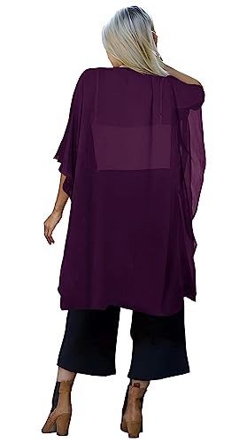 Image of Indian Trendy Women's Solid Puff Sleeve Kimono Long Cardigan Loose Cover Up Casual Blouse Top Chiffon