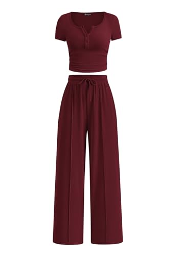 PRETTYGARDEN Womens 2 Piece Outfits Summer 2026 Ribbed Knit Button Short Sleeve Tops Casual Wide Leg Pants Lounge Sets(Wine Red,Small) PRETTYGARDEN Womens 2 Piece Outfits Summer 2026 Ribbed Knit Button Short Sleeve Tops Casual Wide Leg Pants Lounge Sets(Wine Red,Small)