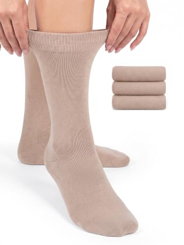 Hugh Ugoli Womens Rayon Derived from Bamboo Dress Socks Crew Soft Thin Calf Socks for Business Trouser & Casual Beige 3 Pairs Shoe Size: 6-9