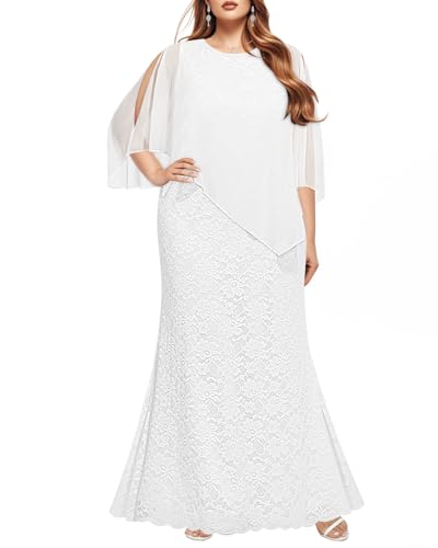 Image of Women's Plus Size Cape Dress with Chiffon Overlay Gown Formal Evening Lace Long Mermaid Dresses 2024