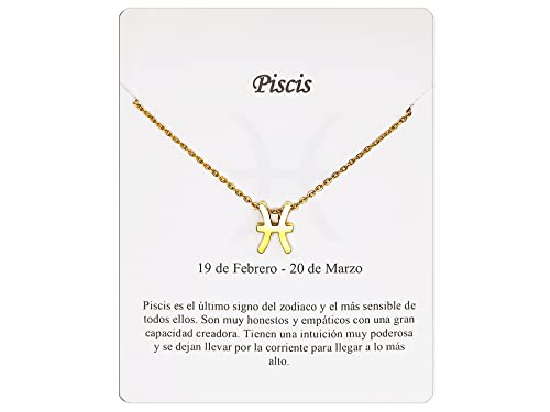 Collar Signo Zodiaco Piscis Acero Inoxidable hermosa Tarjeta Significado Signo Zodiacal Colgante Horóscopo Para mujer o Hombre Regalo Cumpleaños (Piscis Dorado)