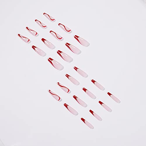 Babalal Coffin Press On Nails Swirl Design Nails Long False Nails Glossy Fake Nails Red Acrylic Nails For Women And Girls #TOP2