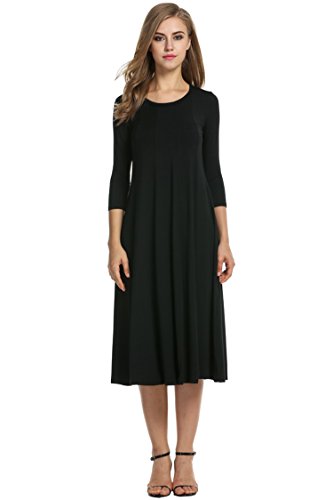 Hotouch Women's 3/4 Sleeve Casual Loose Solid Midi T-Shirt Dress (Black XL)