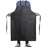 GNJCV Black Waterproof Vinyl Apron - Large Faux Leather Apron with Adjustable Bib Ultra Lightweight for Dishwashing