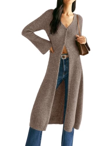 Image of Womens V-Neck Button Maxi Cardigan Bell Long Sleeve Open Front Split Breasted Sweater Dress