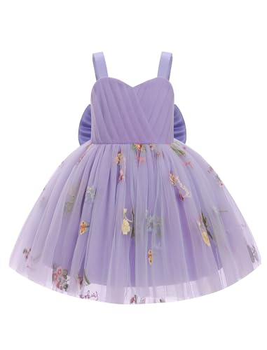 OMEWEE Baby Girl Flower Dress Floral Embroidery Pleated Clothes Ruffle Tulle Tutu Sundress Elegant First Communion Dress Wedding Photoshoot Ball Gown Purple 12-18 Months