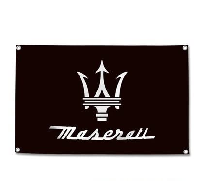 「マセラティ・ロゴ2」特大フラッグ・旗バナー約150ｃｍ×90ｃｍのビックサイズでお部屋・ガレージの装飾に最適！アメリカ雑貨・カーレースのサムネイル