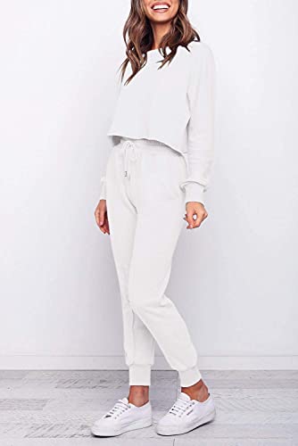 Zesica Women's Long Sleeve Crop Top And Pants Pajama Sets 2 Piece Jogger Long Sleepwear Loungewear Pjs Sets,White,Small #TOP1