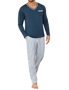 Demegimi Herren Schlafanzug Lang Streifen Baumwolle Winter Pyjama Nightwear Set Langarmshirt gestreifte Schlafanzughose für Männer