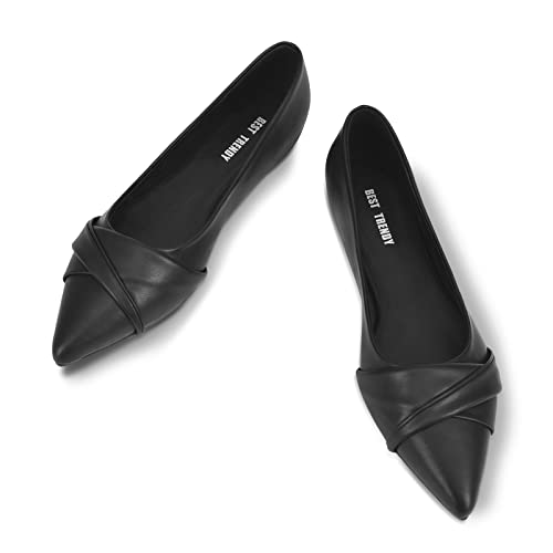 BEST TRENDY Women's Pointed Flats: Black Pointed Toe Leather Flats for Elegant Style