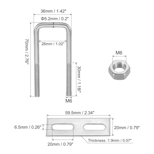 Image of PATIKIL M6x25x70mm Square U-Bolts Kit, 4Set 304 Stainless Steel Square U Shaped Bolts Replacement Parts with Frame Plates and Nuts for Ski Board Sailboat Trailer