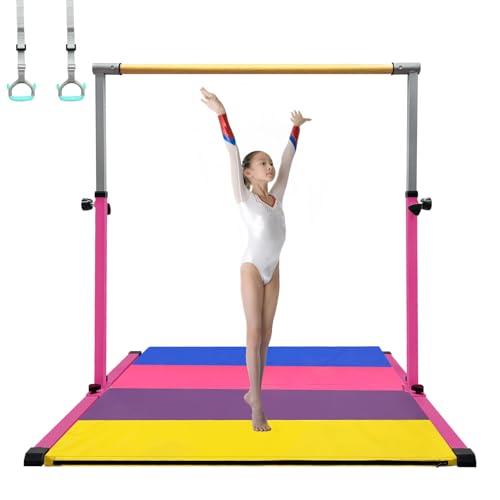 XDEMODA The Latest Model Gymnastics Bar for Kids Ages 3-15 for Home, Anti-Slip, Easy to Assemble, 35” to 55” Adjustable Height Gymnastic Horizontal Bars Equipment (Gym bar with mat, Pink)