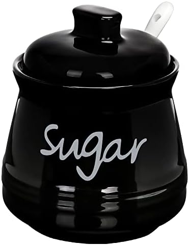 Swetwiny Porcelain Sugar Bowl with Lid and Spoon, 12 Ounces Ceramic Sugar Storage Jar, Sugar Container for Home and Kitchen (Black)