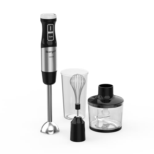 Ibergrif Mixeur Plongeant 1000W 4-en-1 en Acier Inoxydable avec Réglage Continu de Vitesse et Bouton Turbo, Mixer Plongeur Set avec Hachoir 500ml, Verre...