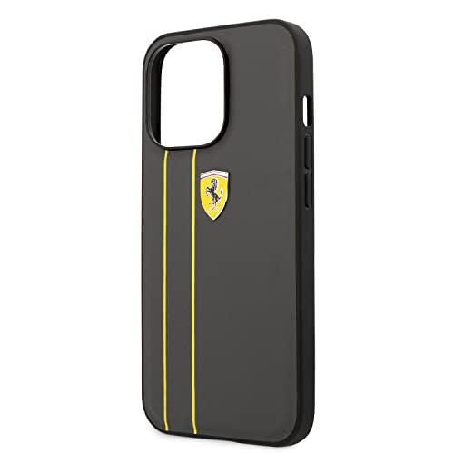 Image of CG MOBILE Ferrari Phone Case for iPhone 13 Pro Max in Gray with Two Yellow Lines, Real Leather Protective & Durable Case with Easy Snap-on, Shock Absorption & Signature Logo