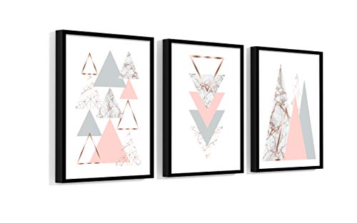 Kit 3 Quadros Geométrico Triângulo Cinza Mármore Grande Rosa 40x60 60x40 cm