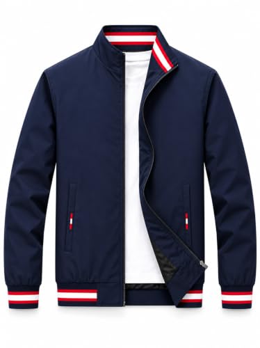 Image of Ben Martin Men's Jacket || Lightweight Casual Jacket with Standing Collar || Full Sleeve Zip-Up Windcheater Jacket with Striped Ribbed Cuffs & Hem
