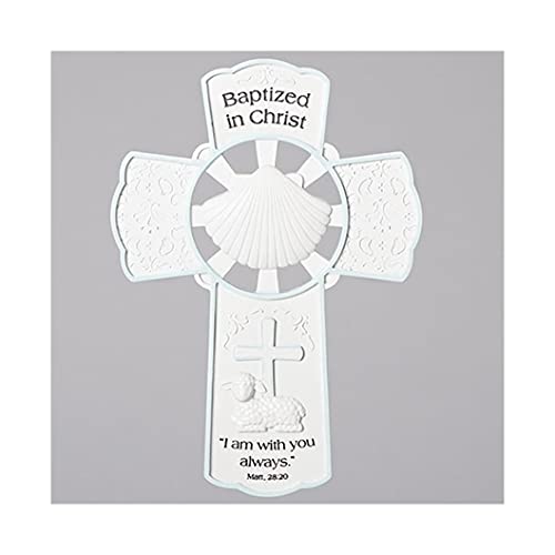 Roman 8 Inch Resin Wall Cross with Matthew 28:20 Bible Verse, Baptized in Christ, Baptism Wall Cross, Bless this child, Baptized in Christ, Christening Keepsake Gift (Baby Boy Blue))