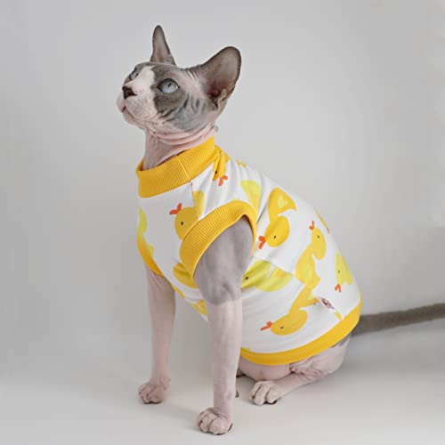 Sphynx Hairless Cat Summer Cotton T-Shirts Cat Vest Pet Clothes,Round Collar Vest Kitten Shirts Sleeveless, Cats & Small Dogs Apparel (Large, Yellow Ducks) #TOP3