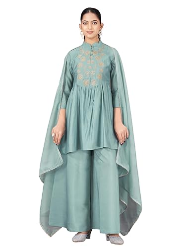 Kurta bleu ciel anti-froissement en mélange de soie ensemble plazzo confortable pour femme