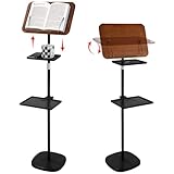Floor Book Stand with 2 Removable Trays, Adjustable Height Wood Reading Stand for Bed or Sofa, Music Stand Book Holder for Music Sheet, Tilt and Rotate Laptop Holder, Portable Podium Stand
