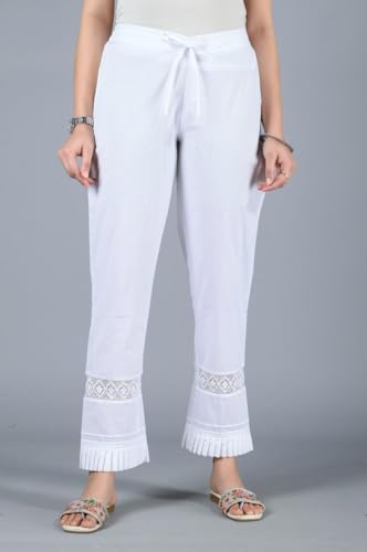 Women's Cotton Regular Fit High Rise Palazzo Pants with Lace Detail, Drawstring Waist, Ankle Length2