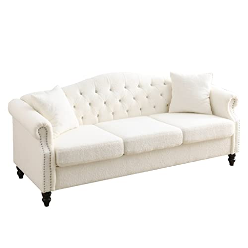 Ytyzc 79" Sofa White For Living Room, 3 Seater Sofa Tufted Couch With Rolled Arms And Nailhead Two Pillows #TOP14