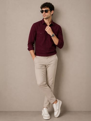 Image of Veirdo Men's Pure Cotton Utility Shirt | Full Sleeve Casual Button-Down with Dual Chest Pockets | Stylish & Comfortable Everyday Wear | Colors: Beige, Black, Maroon, Olive, Rust & White