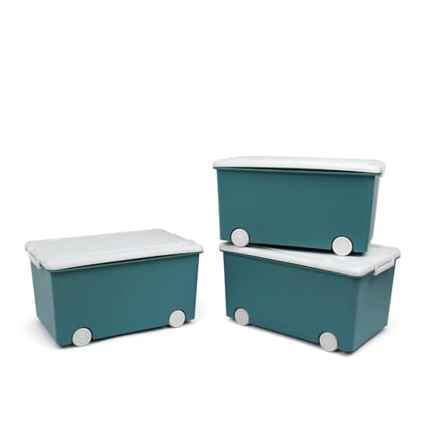 Thermobaby - Thermobaby - Coffre de rangement PLAYBOX - MEDIUM 26 L - Lot de 3 Boites de Rangement - Caisse de Rangement en Plastique avec Couvercle - Clips de Fermeture - Poignée - Empilable - Vert Azur