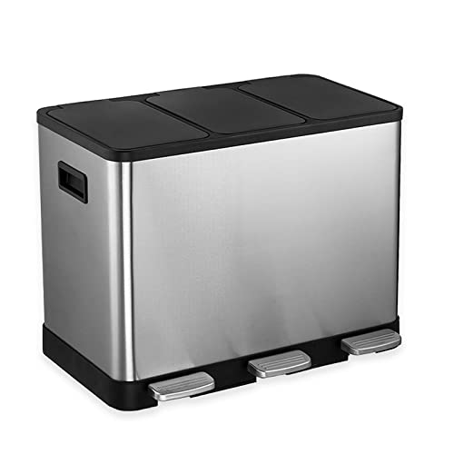 GONICVIN mülleimer küche, Treteimer aus Metall, mülleimer 3 fächer, Mülltrennung, Mülltrennsystem, einfach zu reinigen, Stahl, -45 Liter, Silber Cover