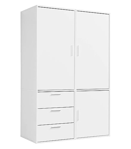 mokebo Kleiderschrank (120x187 cm) aus Holz 3-türig & 3 Schubladen 'Der Grenzenlose' modularer & kombinierbarer Schlafzimmerschrank, Garderobenschrank, Flurschrank, Drehtürenschrank, Schrank in Weiß