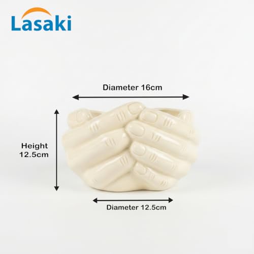Image of Lasaki Hand Ivory HT25 Ceramic Pots for Indoor Plants, Planters,gamla,Outdoor,Balcony,Home,Round,Garden, Office Decor,Succulent(L - 19 .5X W - 16 X H - 10 cm)(Plants not Included)