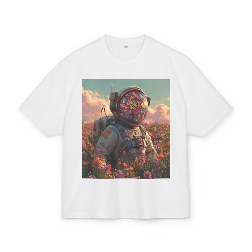 T-shirt coton épais astronaute et fleurs coupe oversize pour look urbain unisexe