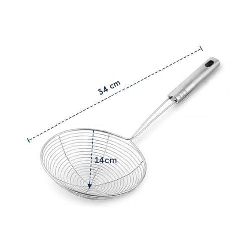 Image of SMAX Frying Jhara Stainless Steel 14cm | Oil Skimmer & Deep Fry Strainer for Puri, Pakora, Fries | Heavy Duty Long Handle Kitchen Utensil