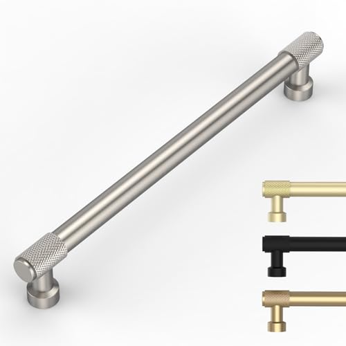 9BUILD 10 Pack Brushed Satin Nickel Cabinet Handles - 192MM Hole Centers Knurled Kitchen Drawer and Cupboard Handle UK0056