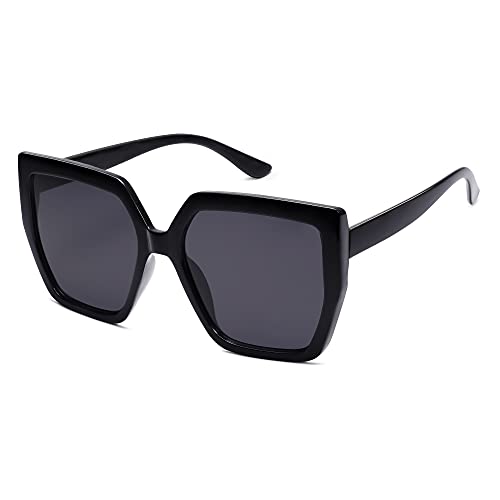 SOJOS Horned Rim Thick Sunglasses for Women Trendy Oversized Black Modern Hipster Fashion Shades SJ2161 with Black Frame Grey Lens