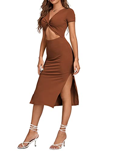 Image of LYANER Women's Twist Front Cut Out Split Hem V Neck Short Sleeve Knit Bodycon Midi Dress
