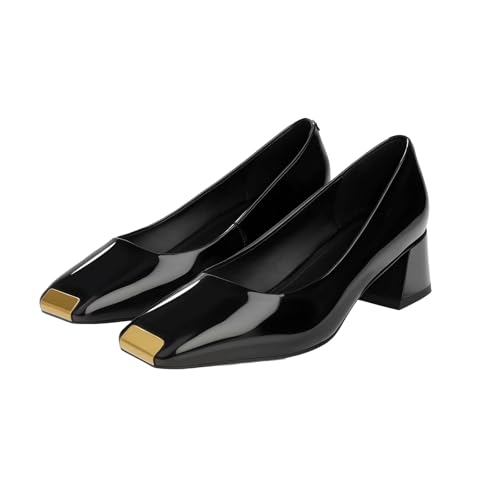 Husmeu Womens Patent Leather Pumps Chunky Heels Metallic Square Toe Casual Work Dressy Pumps2