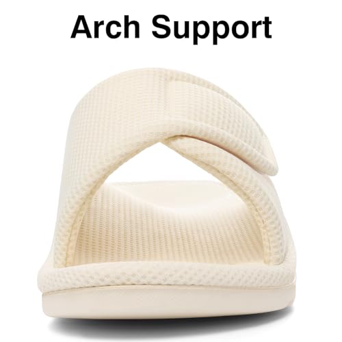 Image of shevalues Summer House Slippers for Women with Arch Support Breathable Waffle Cotton Indoor Slippers Slip on Open Toe Home Shoes