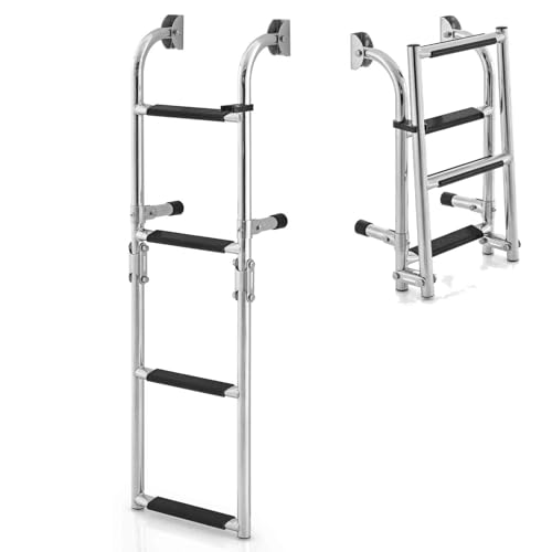 TANGZON Stainless Steel Ladder, Folding 4-Step PVC Non-Slip Floor Ladder with Plastic Clips, Functional Dock Ladder For Swimming Pool, Marine Boat, Pontoon, Yacht