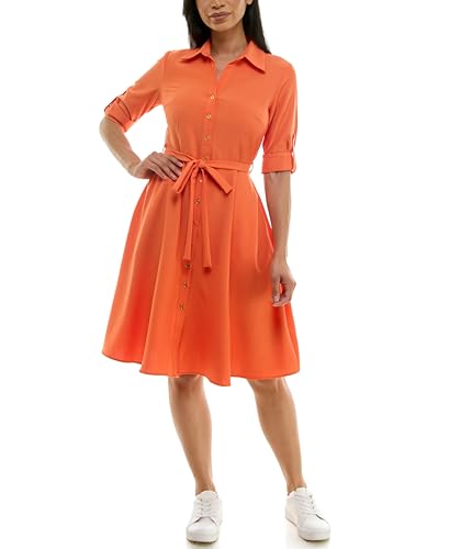 Image of Sharagano Women's Pleated Shirt Dress - 3 /4 Sleeve, V-Neck, Gold Buttons