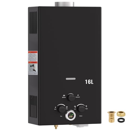 Gas Water Heater 16L Outdoor Instant Water Heater with Digital Display and Multi-Protection for Indoor Shower Kitchenette Laundry Room Courtyards Camping Outdoor Shower
