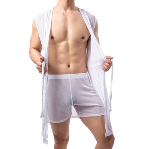 Cambkatl Men's Mesh Sheer Sexy Sleeveless Summer Robe Hooded Bathrobe Nightwear