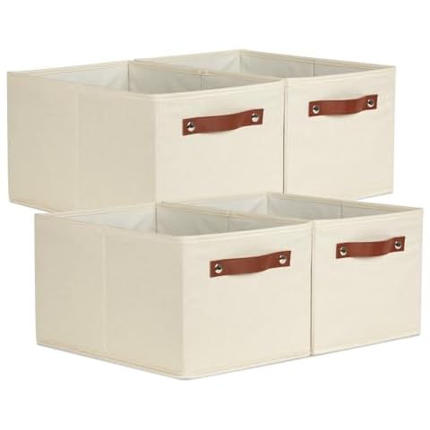Temary Storage Bins Storage Baskets 4Pack Fabric Storage Bins for Shelves with Dual Leather Handles Canvas Storage Boxes for Organizing Home, Shelf, Closet (Beige) Cover
