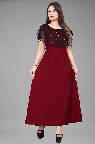 Image of Women's Poly Crepe Round Neck Plain Gown Dress