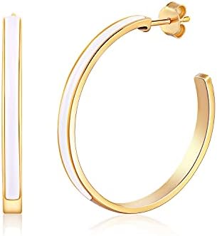 Gold Plated Hoop Earrings for Women, Sterling Silver Post Chunky Hoop Earrings for Women, 28mm Medium Hoop Earrings